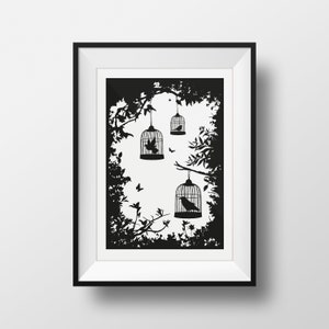 A5 Enchanted Forest Silhouette Birds & Birdcages Mini Print con Butterfly 5.8" x 8.3" Black White wall art, disponible en mi A5 Multibuy