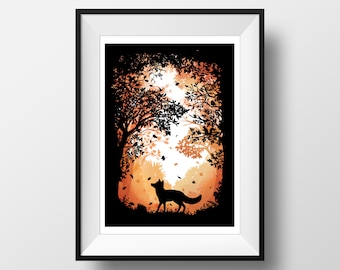 Falling Leaves Autumnal Forest Fox, Giclée Archival Illustrated print, A4 8.3 x 11.7" Autumn Gift Wall Art Black White Orange Silhouette