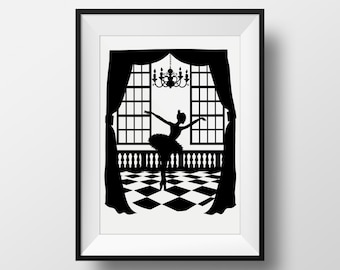 Tchaikovsky Swan Lake: Odile the Black Swan, Giclée Archival Illustrated print , Ballet Fairytale Silhouette Monochrome  Digital Art