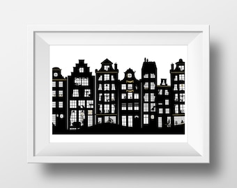 Amsterdam's Dutch Canal Houses, Black White Gold Giclée Archival Art print, Monochrome Wanderlust Travel Souvenir Illustration Poster