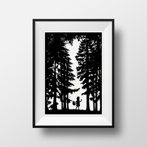 Czerwony Kapturek i Wilk wędrujący przez Bajkowy Las, Giclée Archiwalny Ilustrowany Druk Artystyczny, Bracia Grimm Sztuka Ścienna
