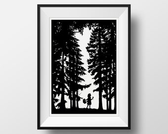 Little Red Riding Hood and the Wolf wandering through the Fairytale Forest, Giclée Archival Illustrated Art Print, Brothers Grimm Wall Art