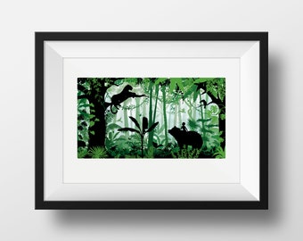 The Jungle Book Illustrated print, A4 8.3 x 11.7" Gift Wall Art Black White Green Silhouette