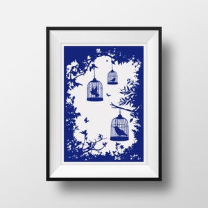 Stampa in miniatura Silhouette A5 Enchanted Forest Birds & Birdcages con farfalla 5,8" x 8,3" Arte murale blu e bianca, disponibile nel mio A5 Multibuy
