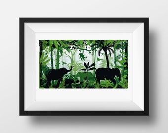 The Jungle Book Elephants Marching Illustration, A4 8.3 x 11.7" Gift Wall Art Black White Green Silhouette