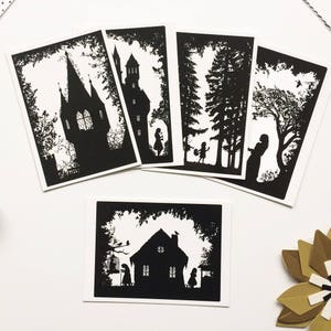 Set von 5 Märchen Kunstpostkarten: Schneewittchen, Dornröschen, Rotkäppchen, Hänsel & Gretel, Wacholdermärchen Kunst