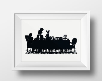 Alice in Wonderland- The Mad Hatter's Tea Party Giclée Archival Illustrated Print, Black and White Silhouette Literary Gift, Wall Alice Art