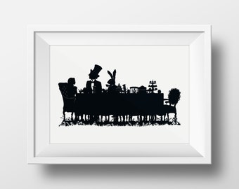 Alicia en el país de las maravillas- La fiesta del té del sombrerero loco Giclée Archival Illustrated Print, Black and White Silhouette Literary Gift, Wall Alice Art