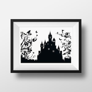 Mini print de cuento de hadas en blanco y negro: Happily Ever After Silhouette, Grimm Enchanted Forest Sleeping Beauty Neuschwanstein, A5 Multibuy