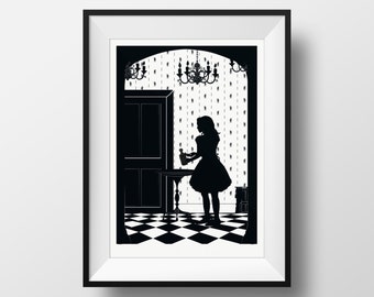 Alice in Wonderland Illustration- Drink Me: Curioser and Curioser… Monochrome Book Silhouette for your wall Giclée Lewis Carroll Art Print