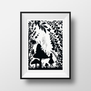Alice&#39;s Adventures in Wonderland- Advice from a Caterpillar Silhouette Black White Literary Book Art Giclée Alice Illustration Print