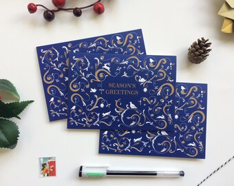 Set of 3 or 5 Patterned Flourish Illustrated Christmas Cards Blue & Gold Reindeers, Partridge, Robins, Dove, Swan, Fox, Season's Greetings