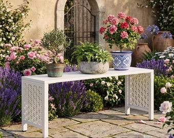 Elegant Metal Garden Bench: Backless Patio Seating with Floral Design