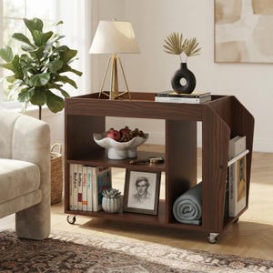 May include: A dark wood rolling cart with multiple storage compartments, featuring a top surface holding a lamp and vase, a middle shelf with a bowl of fruit and a magnifying glass, and a lower shelf with books, a framed portrait, and a rolled blanket.