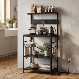 May include: A black metal kitchen baker's rack with four tiers, featuring a built-in power outlet strip, a wire storage basket, and side hooks. The shelves hold a coffee machine, electric kettle, ceramic bowls, a potted plant, and books.