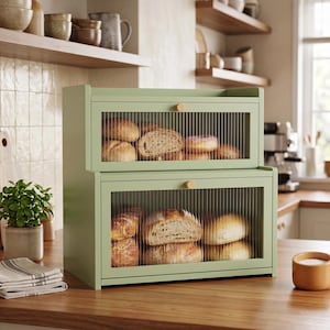 May include: A sage green two-tier bread box with fluted glass doors and small wooden knobs. The unit features two stacked compartments, each containing various loaves of bread and a donut, providing a clear view of the stored baked goods.