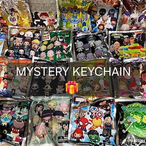 Peut inclure: Une collection de porte-clés mystères dans des sachets scellés. Les sachets présentent des personnages de franchises populaires comme Harry Potter, Marvel et Rick et Morty. Le texte "MYSTERY KEYCHAIN" est affiché.