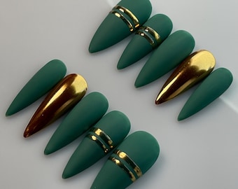 Emerald Green and Gold Press On Nails | Matte Green Nails with Gold Chrome Accents | Elegant Handmade Press On Nails | HOI-0089