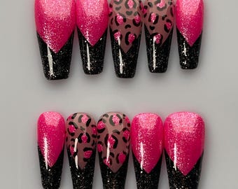 Pink Leopard Print Press On Nails | Hot Pink Glitter Y2K Animal Print Nail Art | Black Sparkle Accents | Premium Handmade Nails | HOI-0112