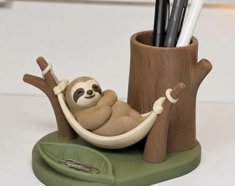 Sloth Hammock Pen Holder, Hand-Painted 3D Printed Desk Organizer