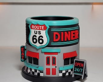 Retro Route 66 Diner Pen Holder, Mid-Century Roadside Desktop Organizer, Hand-Painted 3D Printed Station