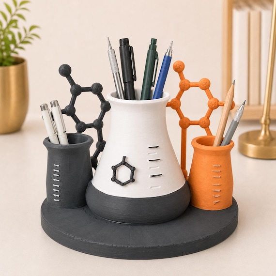 Molecular Beaker Desk Organizer, Hand-Painted,Single Laboratory Pen Stand, Science Classroom Stationery Decor