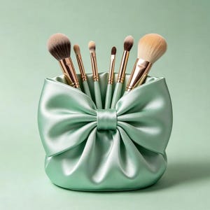 Könnte beinhalten: Ein mintgrüner Make-up-Pinselhalter aus Satin in Form einer großen Schleife, der sechs Make-up-Pinsel mit goldfarbenen Metallzwingen und weichen Borsten in verschiedenen Größen enthält, von großen Puderpinseln bis hin zu feinen Detailpinseln.
