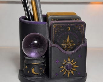 Hand-Painted Tarot Desk Organizer with Crystal Sphere, 3D Printed Pen Holder