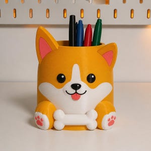 Soporte para bolígrafos Corgi, escultura de escritorio impresa en 3D pintada a mano, organizador de artículos de papelería