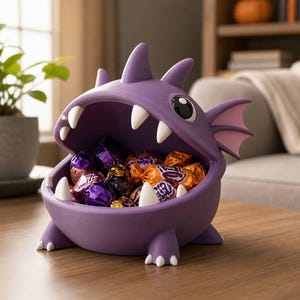 May include: A purple monster-shaped bowl with a wide-open mouth filled with assorted wrapped candies. The creature features white pointed teeth, small horns on its head, and side fins. The bowl has a smooth finish and stands on four small feet.