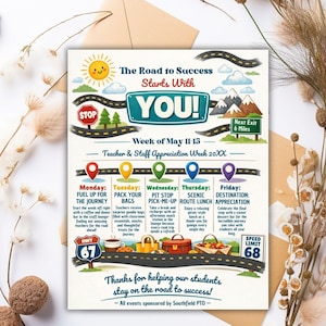 office company team, employee volunteer, itinerary schedule, hospital nurse staff, across america, adventure travel, appreciation week, printable flyer, staff appreciation, teacher appreciation, road trip themed, route 66 theme, thank you calendar Teachers and Staff Appreciation Week Event Flyer, Teacher & Staff Appreciation Schedule Itinerary, PTO PTA Event, Editable Canva Template Editable Teacher Appreciation Week Itinerary Poster Teachers Staff Appreciation Week Event Flyer