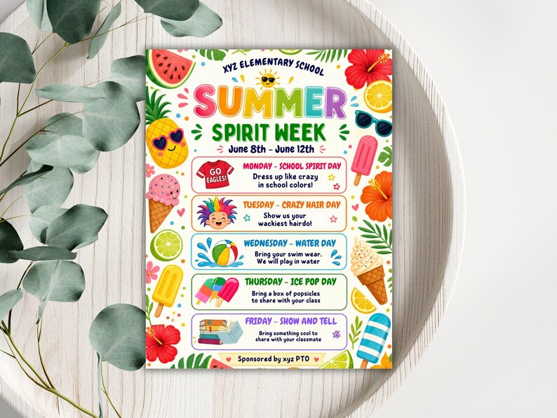 Summer Spirit Week Editable Flyer Template, Printable DIY Itinerary for ...