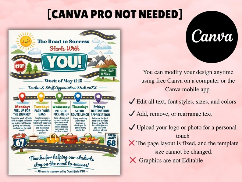 office company team, employee volunteer, itinerary schedule, hospital nurse staff, across america, adventure travel, appreciation week, printable flyer, staff appreciation, teacher appreciation, road trip themed, route 66 theme, thank you calendar Teachers and Staff Appreciation Week Event Flyer, Teacher & Staff Appreciation Schedule Itinerary, PTO PTA Event, Editable Canva Template Editable Teacher Appreciation Week Itinerary Poster Teachers Staff Appreciation Week Event Flyer