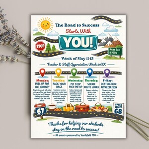 office company team, employee volunteer, itinerary schedule, hospital nurse staff, across america, adventure travel, appreciation week, printable flyer, staff appreciation, teacher appreciation, road trip themed, route 66 theme, thank you calendar Teachers and Staff Appreciation Week Event Flyer, Teacher & Staff Appreciation Schedule Itinerary, PTO PTA Event, Editable Canva Template Editable Teacher Appreciation Week Itinerary Poster Teachers Staff Appreciation Week Event Flyer