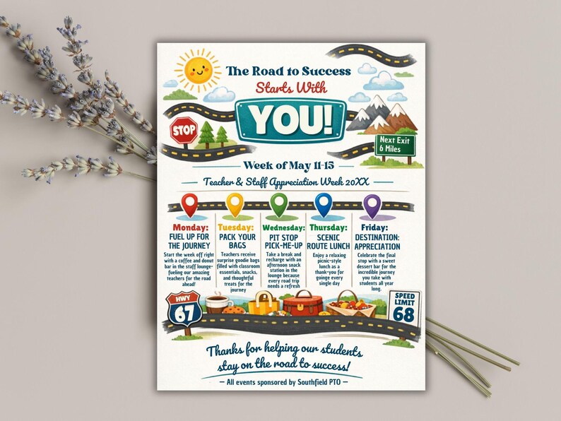 office company team, employee volunteer, itinerary schedule, hospital nurse staff, across america, adventure travel, appreciation week, printable flyer, staff appreciation, teacher appreciation, road trip themed, route 66 theme, thank you calendar Teachers and Staff Appreciation Week Event Flyer, Teacher & Staff Appreciation Schedule Itinerary, PTO PTA Event, Editable Canva Template Editable Teacher Appreciation Week Itinerary Poster Teachers Staff Appreciation Week Event Flyer