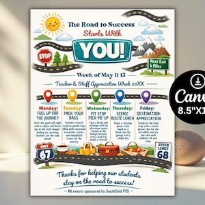 office company team, employee volunteer, itinerary schedule, hospital nurse staff, across america, adventure travel, appreciation week, printable flyer, staff appreciation, teacher appreciation, road trip themed, route 66 theme, thank you calendar Teachers and Staff Appreciation Week Event Flyer, Teacher & Staff Appreciation Schedule Itinerary, PTO PTA Event, Editable Canva Template Editable Teacher Appreciation Week Itinerary Poster Teachers Staff Appreciation Week Event Flyer