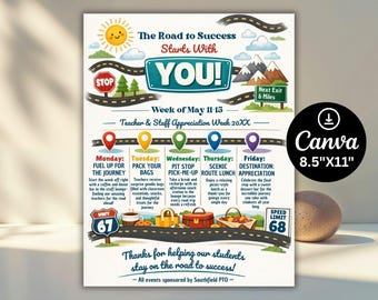 Editable Road Trip Teacher & Staff Appreciation Week Travel Itinerary Flyer (Canva Template)