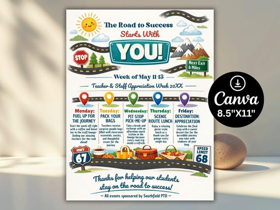 Editable Road Trip Teacher & Staff Appreciation Week Travel Itinerary Flyer (Canva Template)