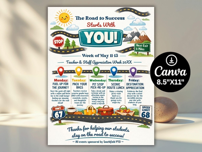 office company team, employee volunteer, itinerary schedule, hospital nurse staff, across america, adventure travel, appreciation week, printable flyer, staff appreciation, teacher appreciation, road trip themed, route 66 theme, thank you calendar Teachers and Staff Appreciation Week Event Flyer, Teacher & Staff Appreciation Schedule Itinerary, PTO PTA Event, Editable Canva Template Editable Teacher Appreciation Week Itinerary Poster Teachers Staff Appreciation Week Event Flyer