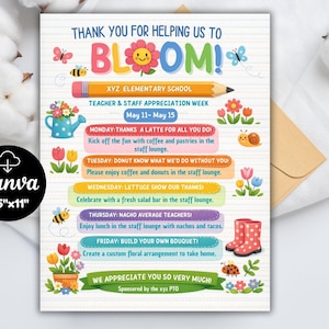Puede incluir: Un folleto colorido de la semana de agradecimiento a los profesores, 21,6 cm x 27,9 cm, con las palabras "Thank You For Helping Us To Bloom!" y un programa de eventos. Incluye ilustraciones de flores, abejas y una regadera. El folleto está patrocinado por la XYZ PTO.
