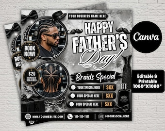 Father's Day Barber Flyer: Braids & Haircut Deals (Canva Editable, Digital Download)