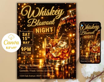 Whiskey Party Flyer, Night Club Flyer, DJ Party Invitation, Drink Party Flyer, Saturday party, Canva Editable Template, Instant Download
