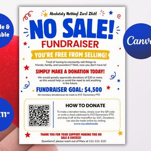 Puede incluir: Un folleto imprimible de tamaño A4 con el texto "NO SALE! FUNDRAISER". El folleto fomenta las donaciones, con un objetivo de 4.000 €. Incluye un código QR e instrucciones sobre cómo donar.
