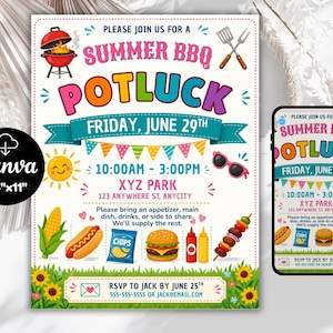 Könnte beinhalten: Eine farbenfrohe Einladung für ein Sommer-BBQ-Potluck. Das Design zeigt einen Grill, Essensillustrationen und den Text "Summer BBQ Potluck" mit Datum und Uhrzeit. Die Einladung ist 21,6 cm x 27,9 cm groß und enthält RSVP-Informationen.