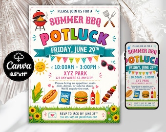 Summer BBQ Potluck Flyer Editable Template, Community BBQ Cookout Invite, Canva