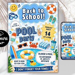 Back to school invitation, End of Summer Celebration Invite, Editable Pool party template, Back to School Bash Invitation, School Party