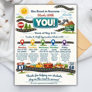 office company team, employee volunteer, itinerary schedule, hospital nurse staff, across america, adventure travel, appreciation week, printable flyer, staff appreciation, teacher appreciation, road trip themed, route 66 theme, thank you calendar Teachers and Staff Appreciation Week Event Flyer, Teacher & Staff Appreciation Schedule Itinerary, PTO PTA Event, Editable Canva Template Editable Teacher Appreciation Week Itinerary Poster Teachers Staff Appreciation Week Event Flyer