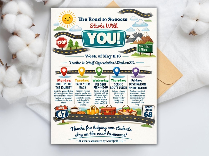 office company team, employee volunteer, itinerary schedule, hospital nurse staff, across america, adventure travel, appreciation week, printable flyer, staff appreciation, teacher appreciation, road trip themed, route 66 theme, thank you calendar Teachers and Staff Appreciation Week Event Flyer, Teacher & Staff Appreciation Schedule Itinerary, PTO PTA Event, Editable Canva Template Editable Teacher Appreciation Week Itinerary Poster Teachers Staff Appreciation Week Event Flyer