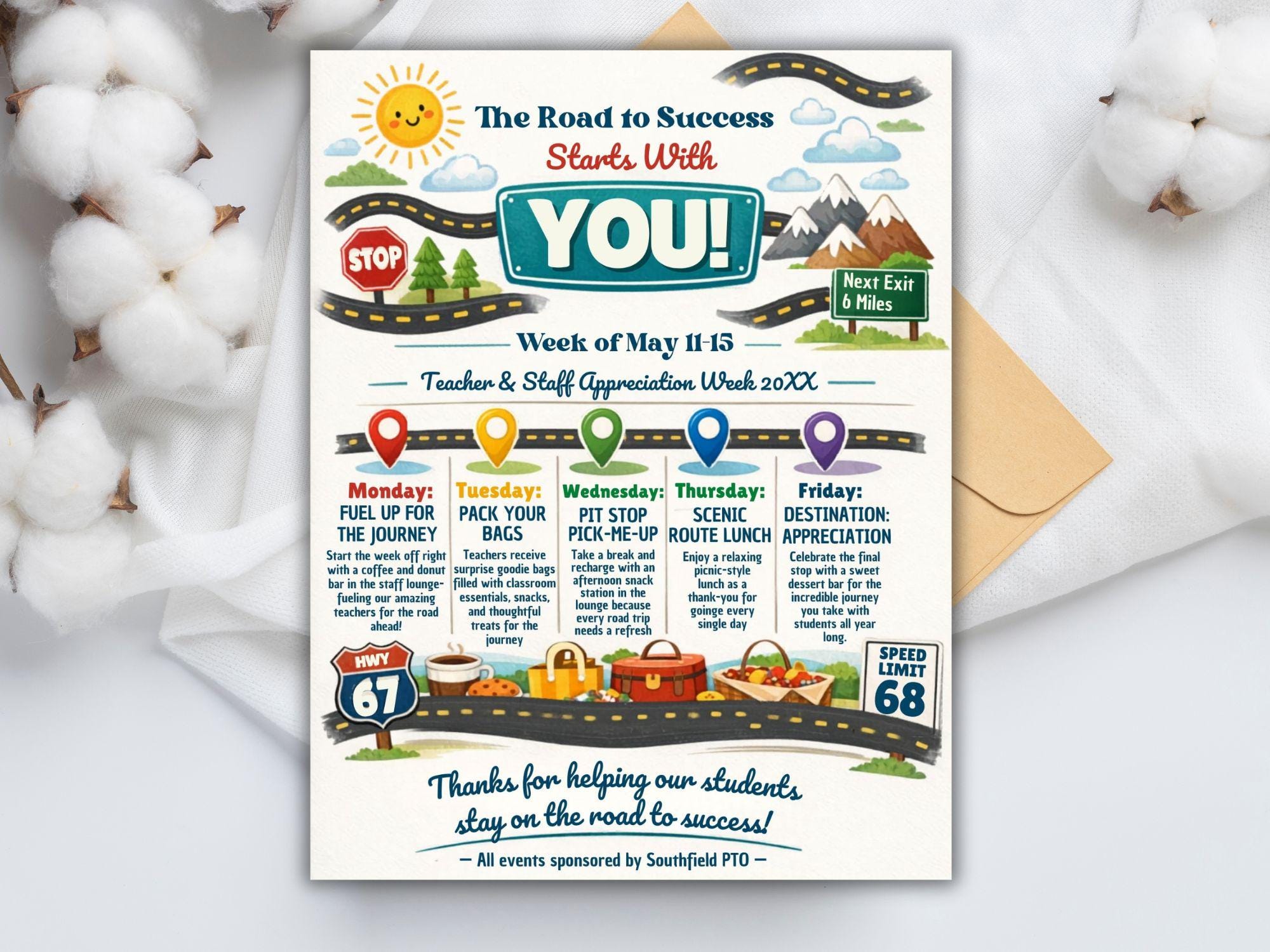 Editable Road Trip Teacher & Staff Appreciation Week Travel Itinerary ...