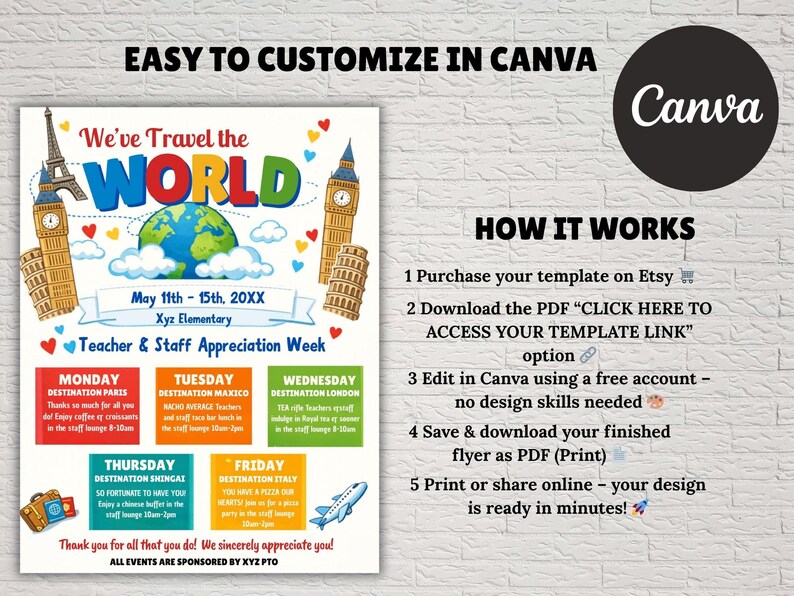 Editable Teacher Appreciation Week Itinerary Flyer World Travel ...